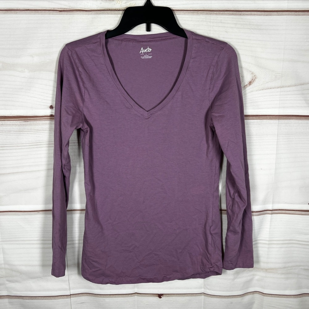 Aveto V-Neck Long‎ Sleeve Top Women Large Purple Solid Cotton Blend Tee Basic